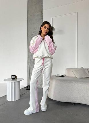 Спортивный прогулочный oversize оверсайз женский костюм зефиока удлиненное худи без капюшона брюк внизу на резинке замш и двунитка