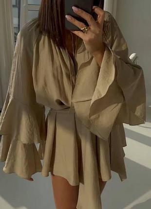 Пышное платье мини легкое из жатки стильное платье объемное