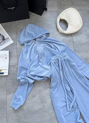 Трендовий велюровий жіночий костюм зіп кофта худі на блискавці і широкі штани стильний комплект однотонний