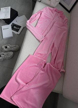 Костюм брюки и кофта велюровый женский повседневный кофта корсетного кроя с рукавами митенками и штаны клеш