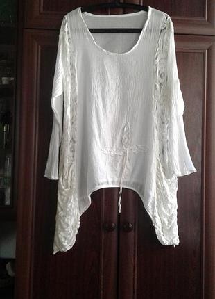 Туника пляжная белая батист жатка полупрозрачная с кружевом и аппликацией