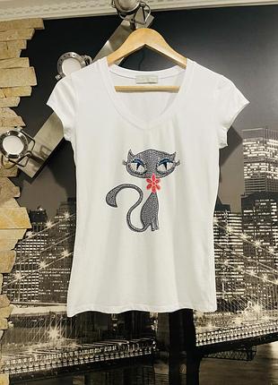 Женская белая футболка коттон с кошкой италия