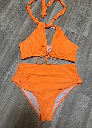 Большой купальник раздельный оранжевый однотонный без принта plus size 2хл-3хл 🧡
