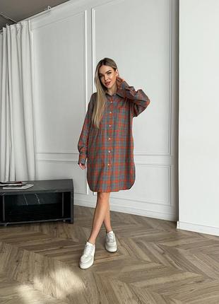 Рубашка удлиненная в клетку женская фланель 44-62 серый+оранжевый