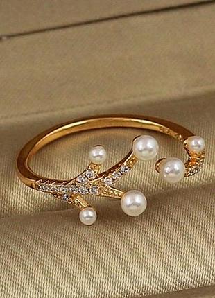 Кольцо xuping jewelry реснички с жемчужинами раздвижно золотистое