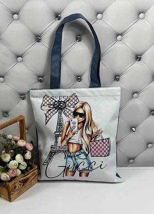 Жіноча для дівчинки сумка шопер з текстилю текстильна блакитна рожева чорна з малюком квадратна