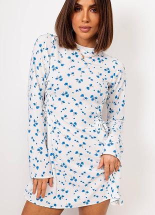 Воздушное платье мини софт цветочное с затяжками и длинными рукавами