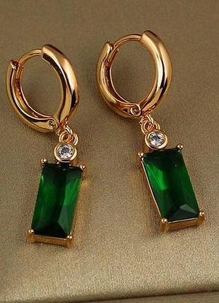 Серьги подвески xuping jewelry прямоугольный зеленый фианит 2,5 см золотистые