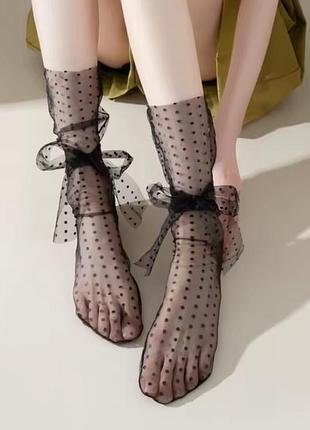 Трендові прозорі фатинові шкарпетки кучері чорні бант бантик