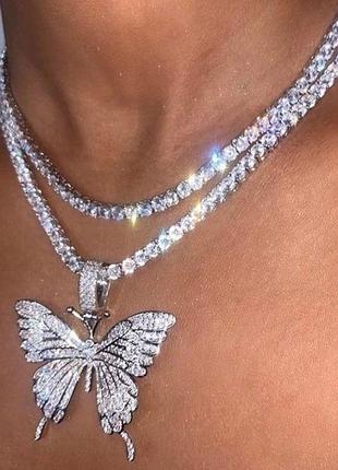Намисто з метеликом, кольє, чокер, ланцюжок зі стразами