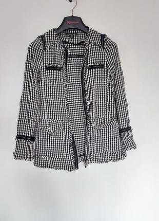 Пиджак пальто женское типа шаннель гусиная лапка в клетку далматинец зара zara черно белое манто куртка trf outerwear шанель