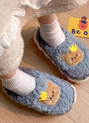 Домашні капці унісекс сіро-синього кольору з ведмедиком 38-39 р.