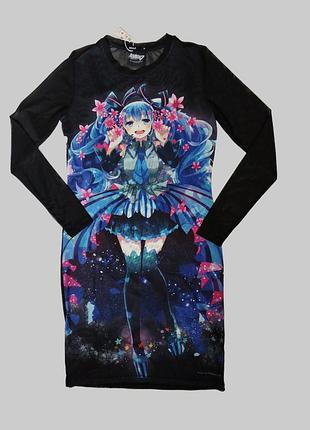 Crop черное сетчатое прозрачное платье хацунэ мику /короткое платье с рукавами и принтом аниме