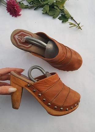 Сабо мюли клоги на деревянной платформе кожаные zara trf 37