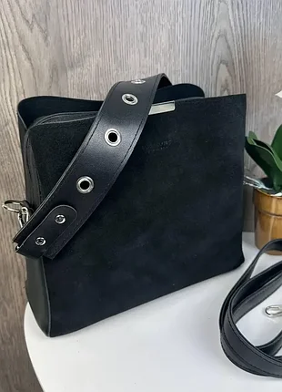Жіноча сумка через плече на широкому ремінці замша та екошкіра 1714