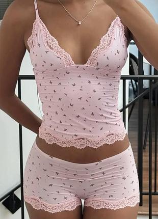 Костюм, комплект двійка, пилка, топ майка та шорти з мереживом