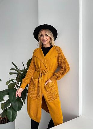Кардиган кофта женский вязаный без застежки с поясом горчица
