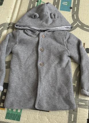 Вязаная теплая кофта кардиган на подкладке с ушками