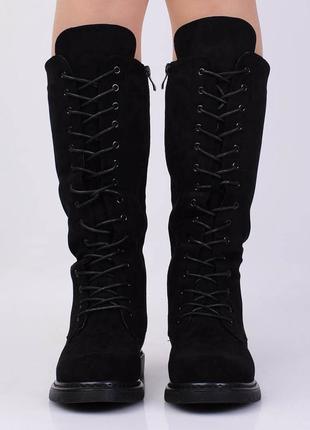 Стильные черные замшевые зимние сапоги на шнуровке модные берцы байкерские2 фото