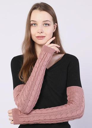 Митенки рожеві довгі 6923 ручки в теплі з текстурою високі 50см пудра мітенки з отвором сіро-рожеві