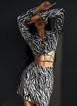 ❤️ шикарний жіночий костюм принт зебра чорно білий легкий женский топ юбка спідниця мини міні  сорочка рубашка