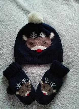 Детский комплект с оленёнком шапка+рукавицы от h&m1 фото