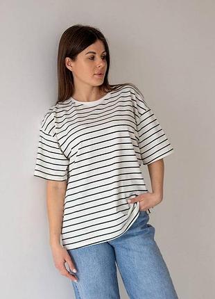 Стильная футболка оверсайз в полоску, полосатая футболка свободного кроя женская, стрейчевая хлопковая свободная футболка в полоску