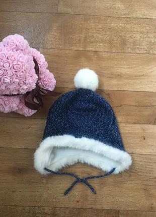 Утеплённая зимняя шапка на девочку 2-3 года с блеском помпон опушка зима флис