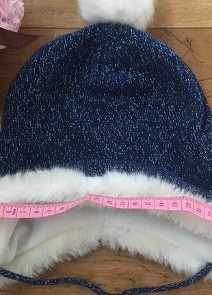 Утеплённая зимняя шапка на девочку 2-3 года с блеском помпон опушка зима флис4 фото