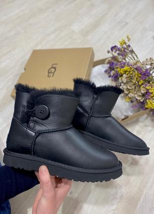 Женские чёрные угги ugg mini bailey button black6 фото