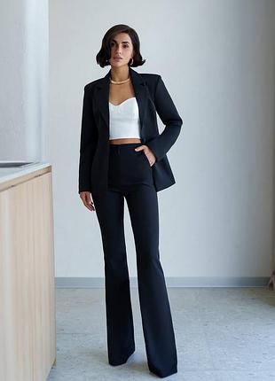 3 цвета! женский классический брючный костюм, приталенный пиджак, жакет, прямые брюки клеш, клеш, базовый, деловой, офисный, высокая посадка