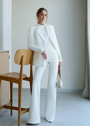 3 цвета! женский классический брючный костюм, приталенный пиджак, жакет, прямые брюки клеш, клеш, базовый, деловой, офисный, высокая посадка