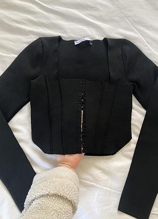 Структурная кофта корсет лонгслив на крючках длинный рукав квадратный вырез декольте