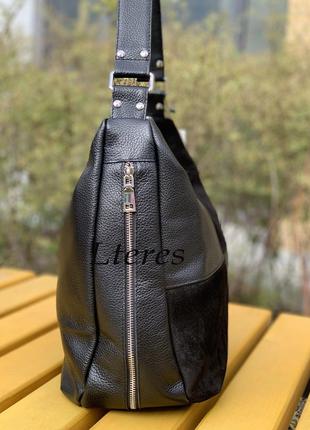 Шкіряна чорна замшева сумка-мішок на плече2 фото