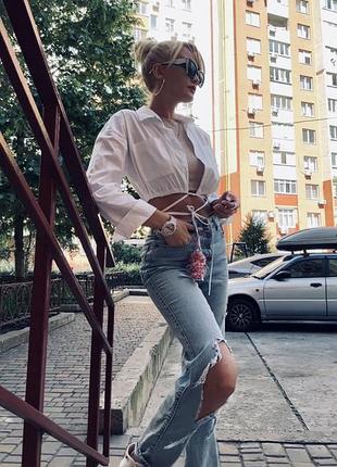 Сорочка біла укорочена на зав'язках із кишенями топ