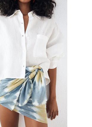 Белая льняная рубашка укороченная zara 2