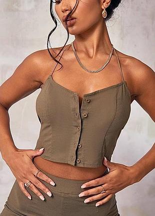 Лляний топ хакі з ґудзиками м-л plt / льняной топ хаки