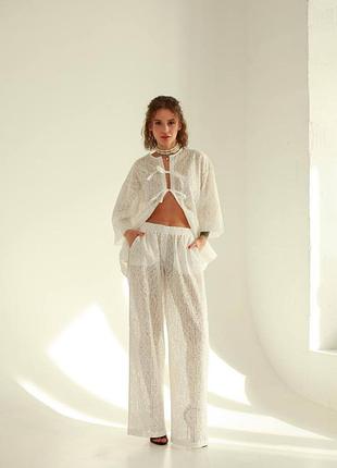 Elvina 30163 белый гипюровый домашний костюм пижама для женщин прозрачная