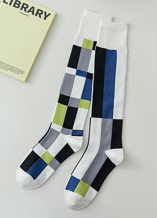 Асиметричні гольфи сині прямокцутники 3317 різні шкарпетки білі геометричні різні фігури