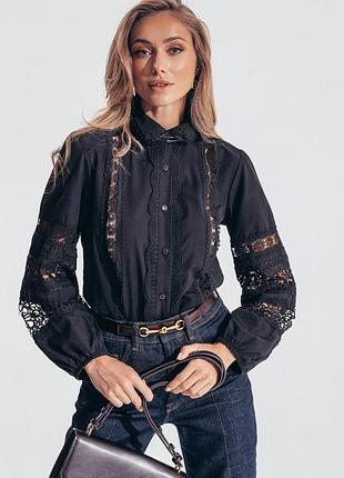 Рубашка с кружевом и перфорацией черная | 88776