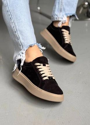 Кеди жіночі чорна замша бежева підошва р36-41  мокасини кросівки