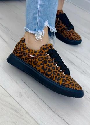 Жіночі шкіряні кеди леопардові р33-42 кросівки для дівчат мокасини леопардовий принт