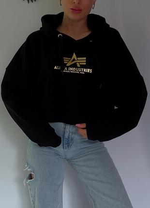 Женский брендовый чёрный худи alpha industries 🗝️
