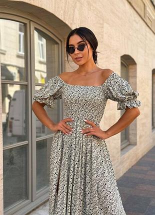 Платье миди женская штапель хлопок приталенное лиф на резинке короткие рукава фонарики разрез на юбке цветочный принт белая