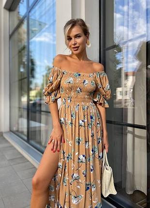 Платье миди женская штапель хлопок приталенное лиф на резинке короткие рукава фонарики разрез на юбке цветочный принт беж