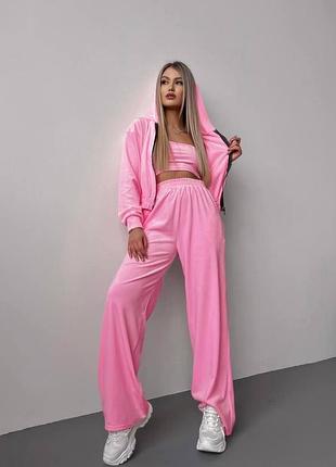 🌈12! шикарний велюровий костюм трійка спортивний рожевий барби барбі женский з капюшоном штани бархат худи худі топ тройка