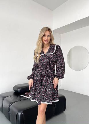 ❗️ 4 кольори ❗️ женское платье мини софт с воротничком на пуговицах с поясом украшено кружевом