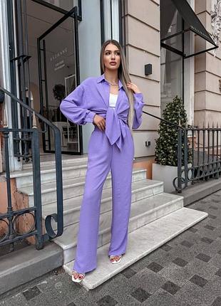 Трендовый легкий креповый костюм оверсайз рубашка и широкие брюки объемный комплект качественный