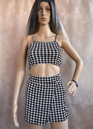 Шикарный костюм от шейн shein гусиная лапка топ шорты юбка zara7 фото