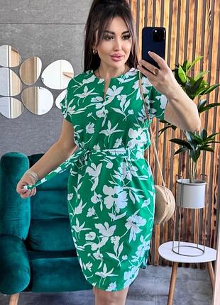 Яркое принтованное платье мини софт с поясом и короткими рукавами легкое платье летнее